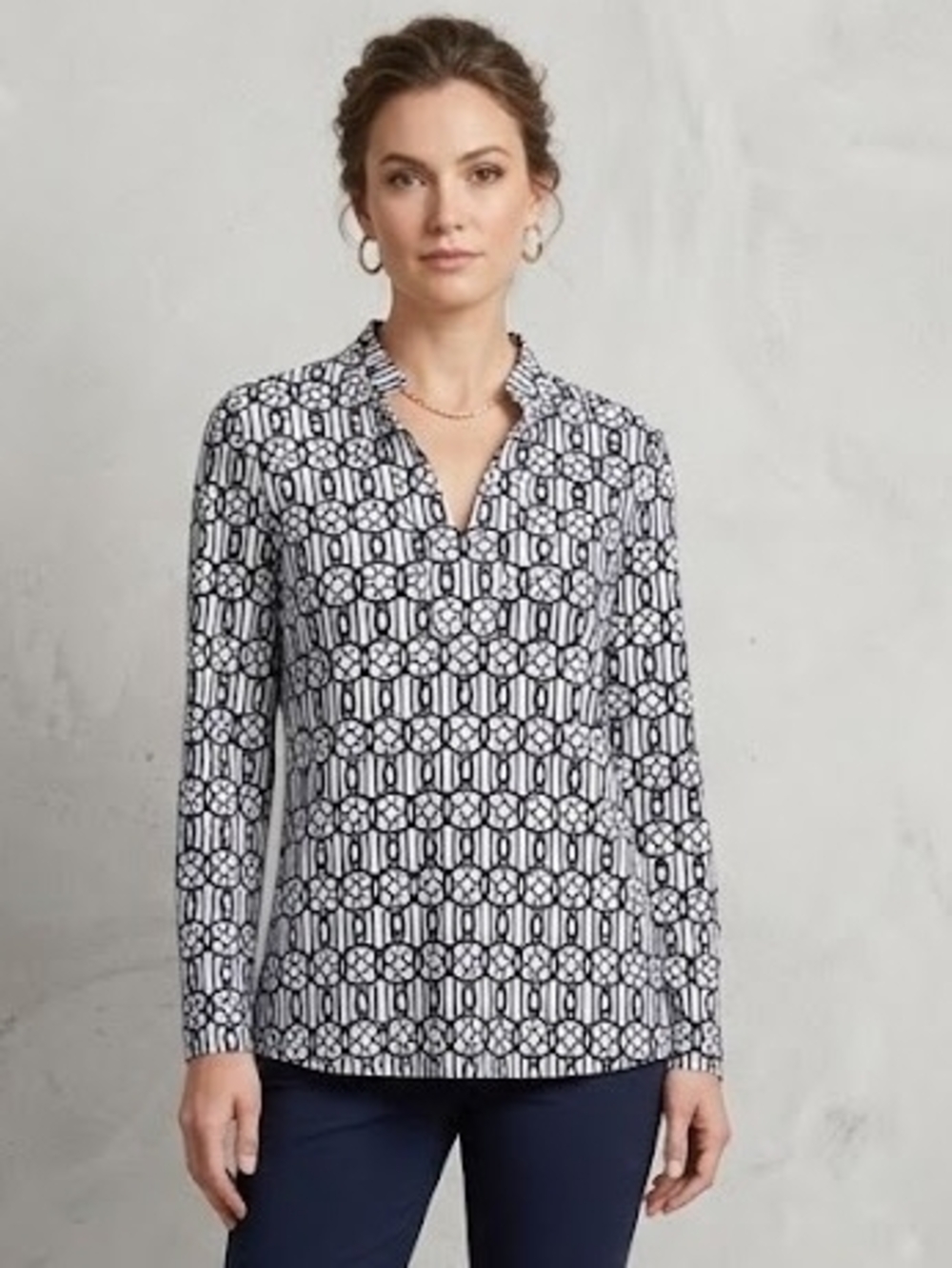 Jude Connally Womens Dark Navy & White Geometric Long-Sleeve Top